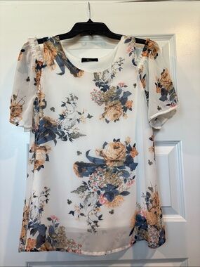 Tua Floral Puff-Sleeve Chiffon Blouse - White, Blue & Mustard. BUNDLE 3 for $30